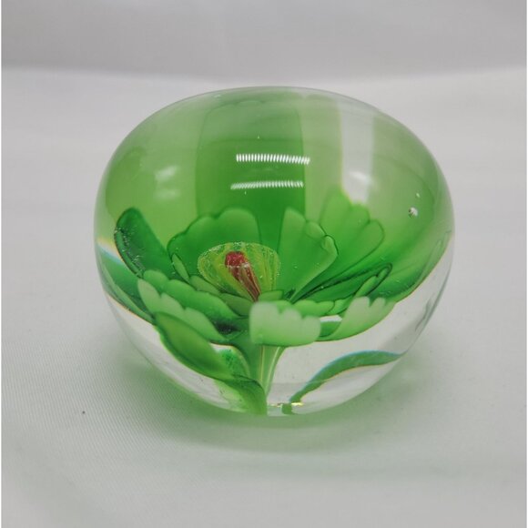 Handcrafted Green Floral Glass Paperweight Vintage Desk Decor - Picture 8 of 13
